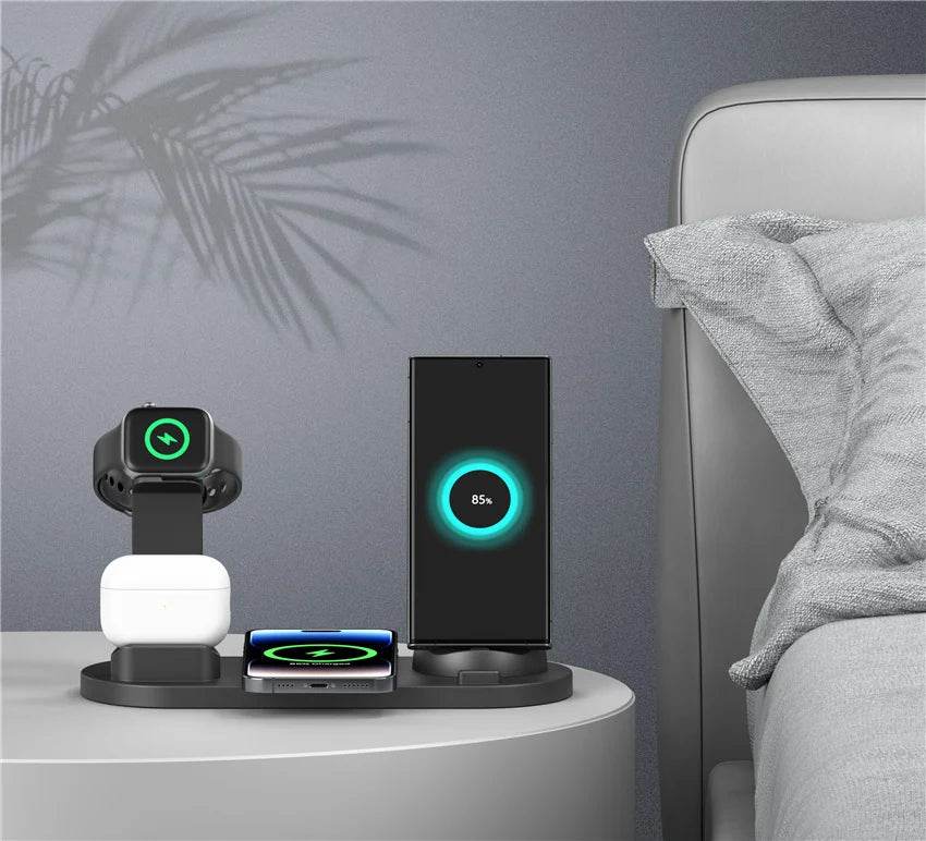30W Wireless Charging Stand for Home or Office charging smartphone, smartwatch, and earbuds on a bedside table