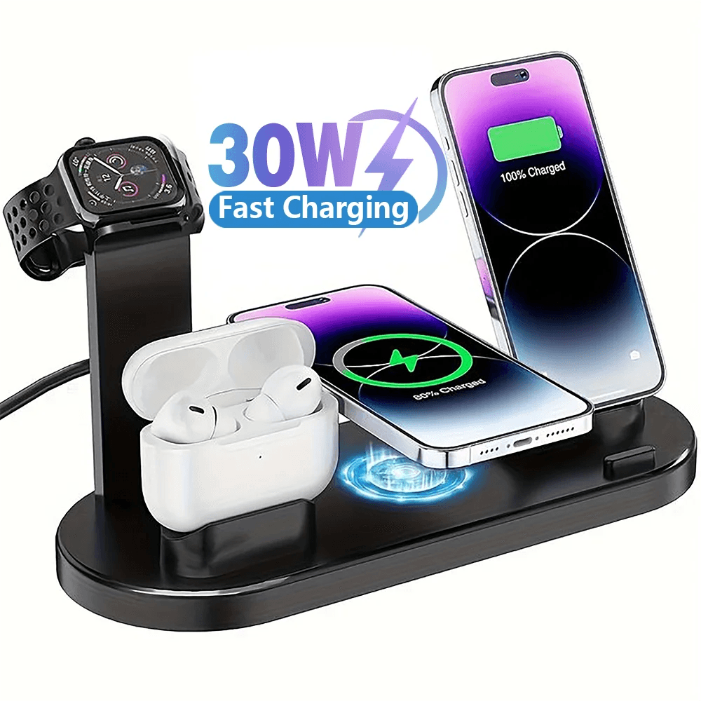 30W Wireless Charging Stand for Home or Office with space for phone, AirPods, and smartwatch