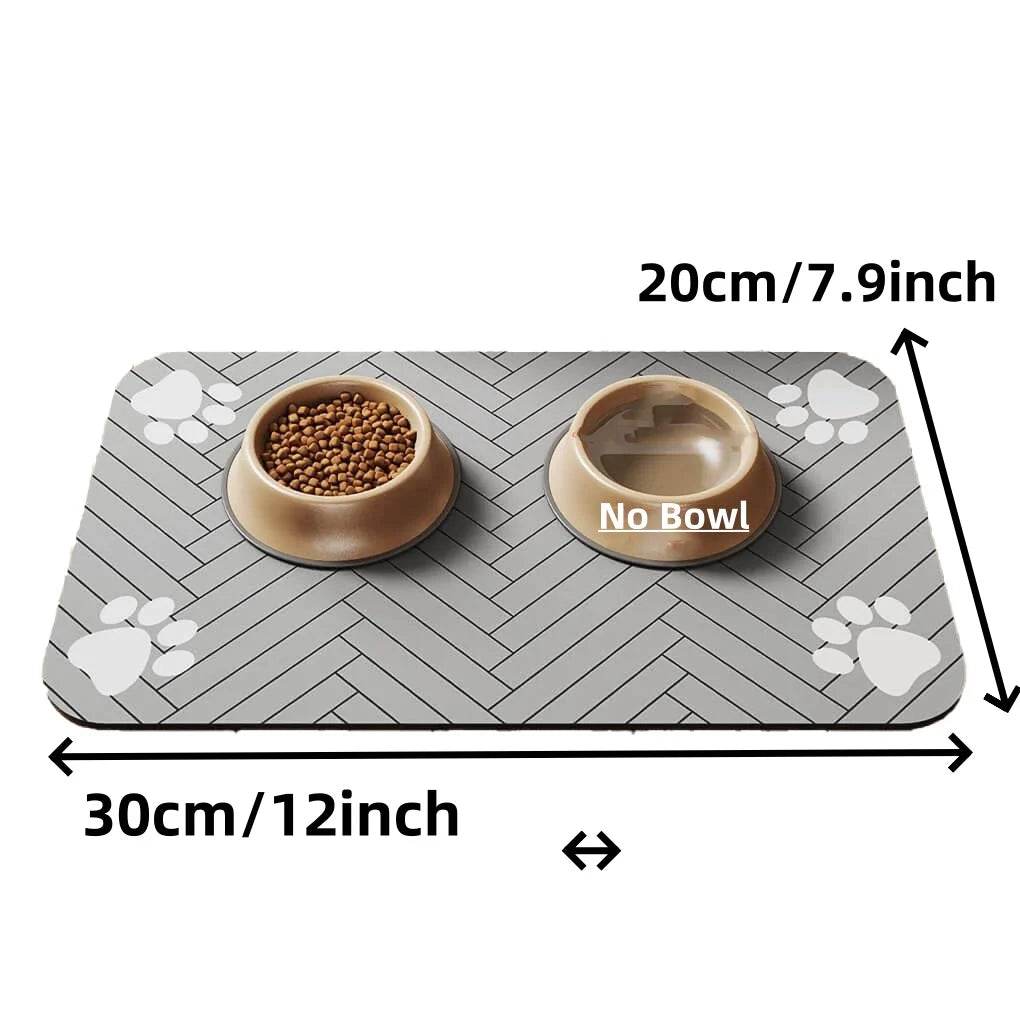 Fitzsi Essentials absorbent pet feeding mat with paw print design and two food bowls for pets
