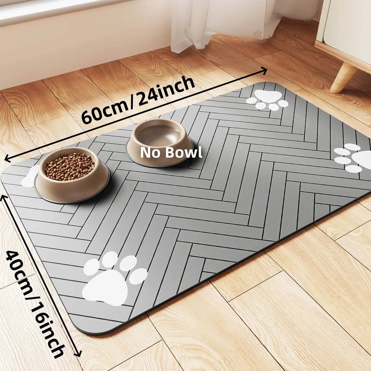 Fitzsi Essentials absorbent pet feeding mat in gray with paw prints and dimensions for pet bowls