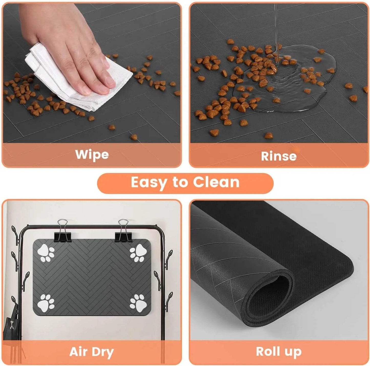 Fitzsi Essentials absorbent pet feeding mat showing easy cleaning steps including wipe, rinse, and air dry