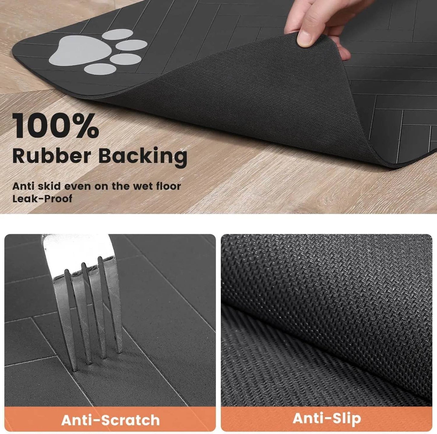 Fitzsi Essentials absorbent pet feeding mat with 100% rubber backing for a non-slip, leak-proof surface