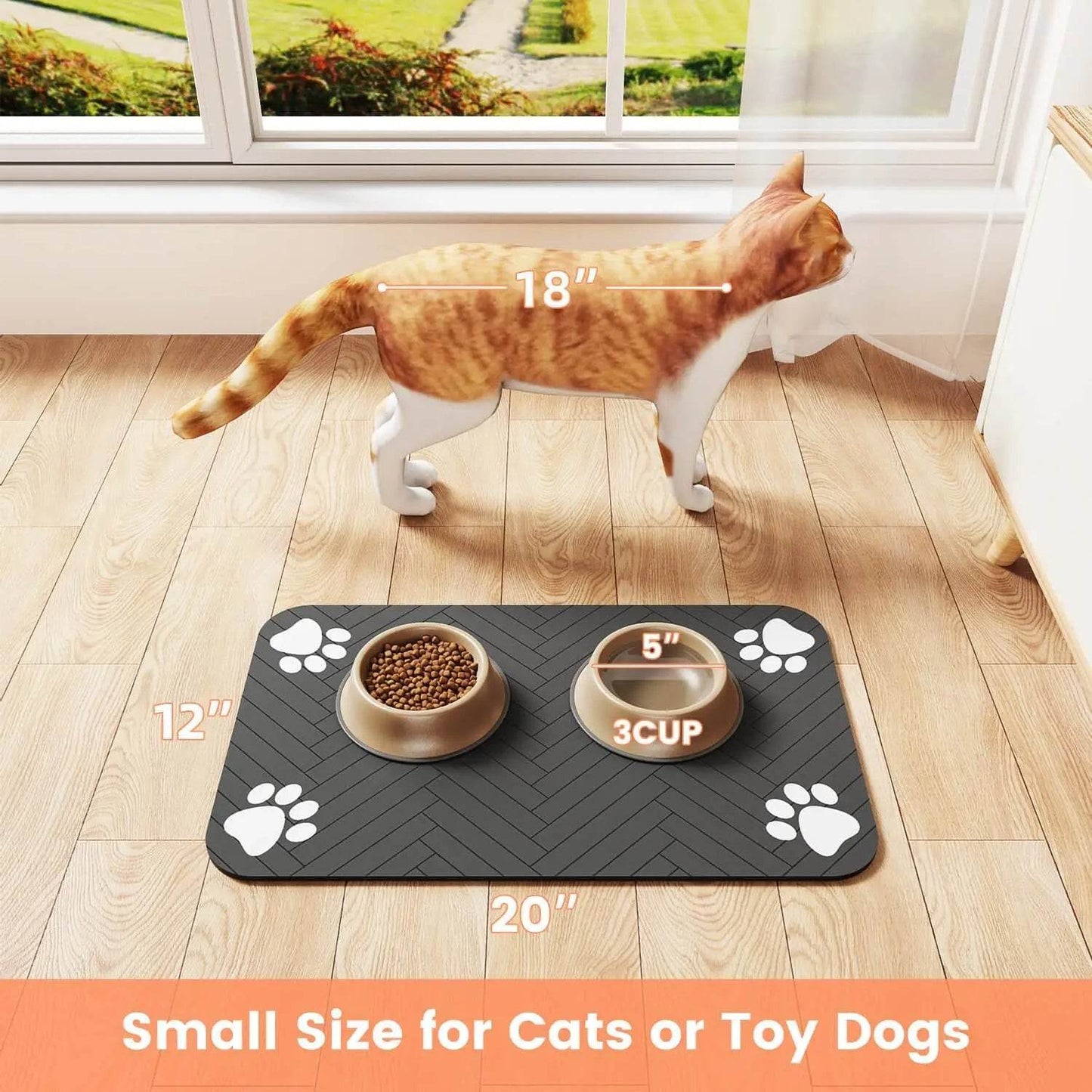 Absorbent pet feeding mat with paw prints, ideal for small cats or toy dogs