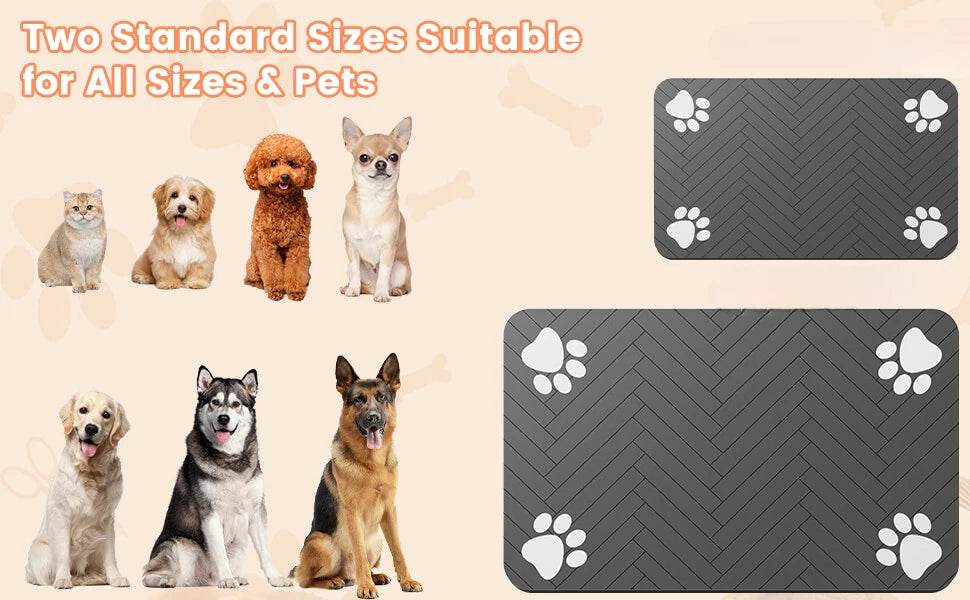 Fitzsi Essentials absorbent pet feeding mat in two standard sizes, ideal for all pets and sizes