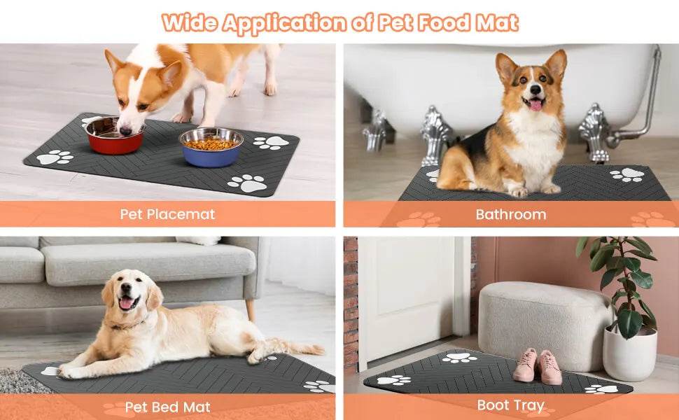 Fitzsi Essentials absorbent pet feeding mat in various settings with dogs and food bowls