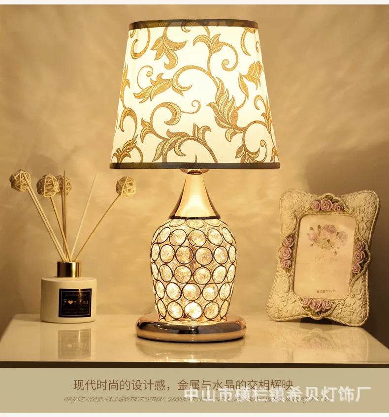 Elegant crystal lamp for bedroom with floral-patterned shade and decorative base, perfect for modern decor