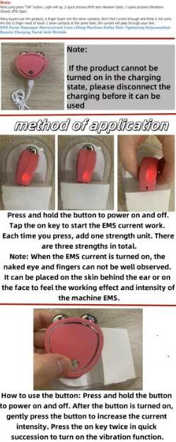 EMS face lifting device for youthful skin with user instructions on power and intensity settings