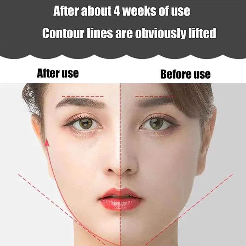 Before and after results of using the face lifting roller massager demonstrating lifted contour lines