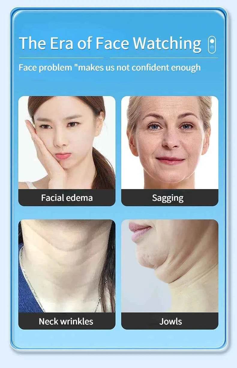 Face lifting roller massager promoting visible reduction of sagging, jowls, and neck wrinkles