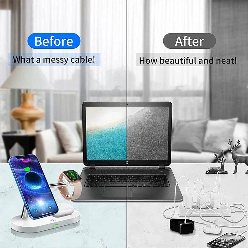 Before and after image showcasing a fast wireless charger stand minimizing cable clutter