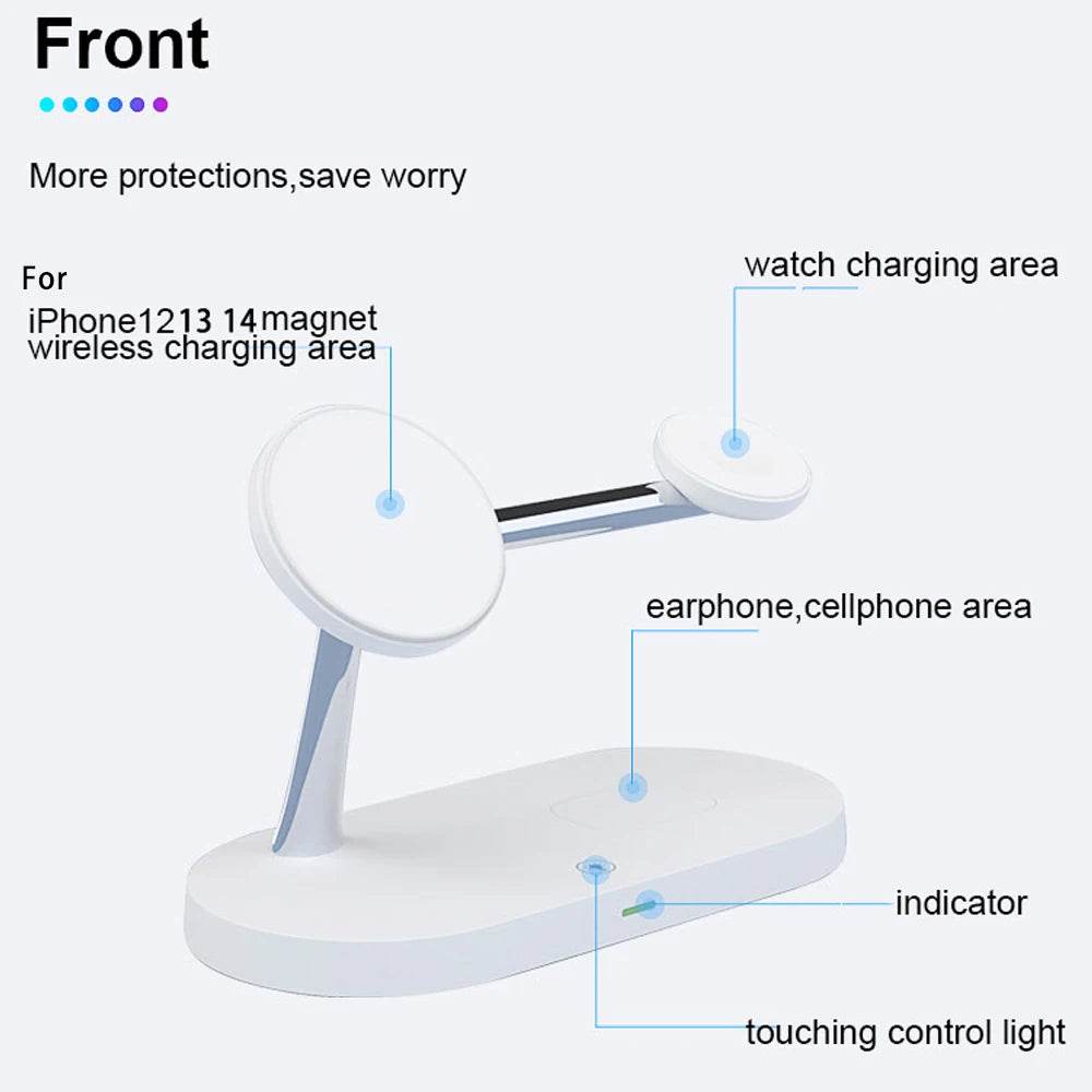 Fitzsi Essentials fast wireless charger stand with designated areas for phone, watch, and earphones