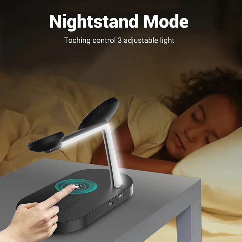 Fast wireless charger stand with adjustable light, suitable for nightstand use and convenient for charging devices.