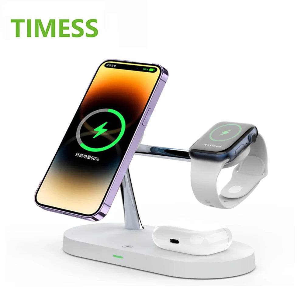 Fast wireless charger stand with dual charging stations for smartphone, smartwatch, and earbuds