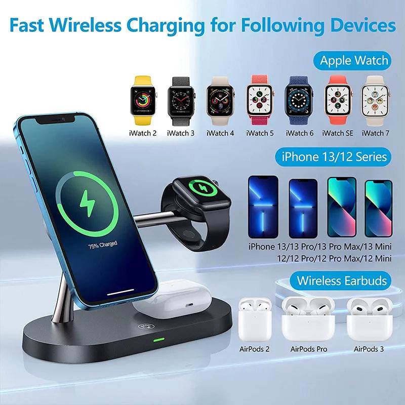 Fast wireless charger stand for iPhone, Apple Watch, and wireless earbuds with sleek design