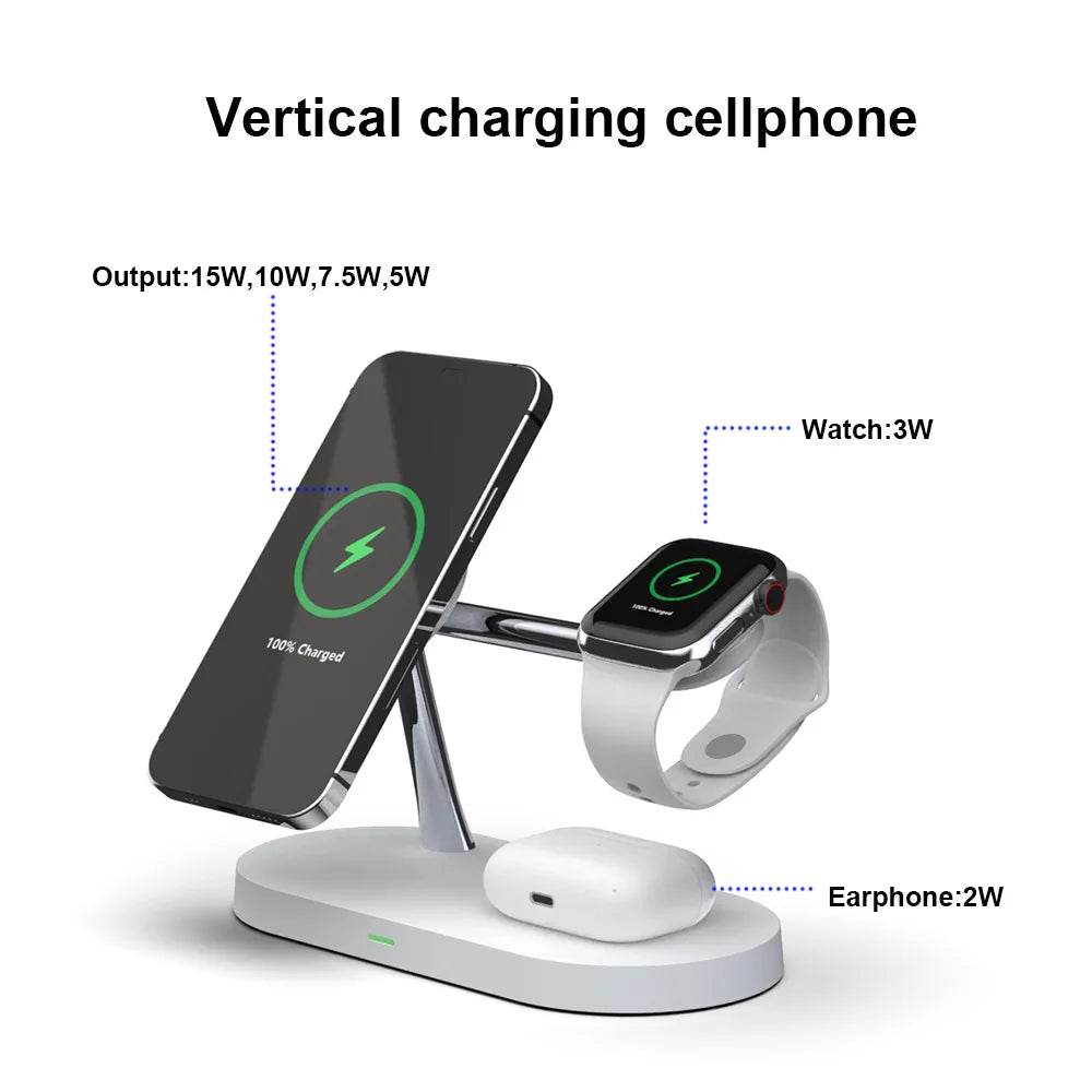 Fast wireless charger stand for phone, smartwatch, and earbuds with vertical design and multiple output options