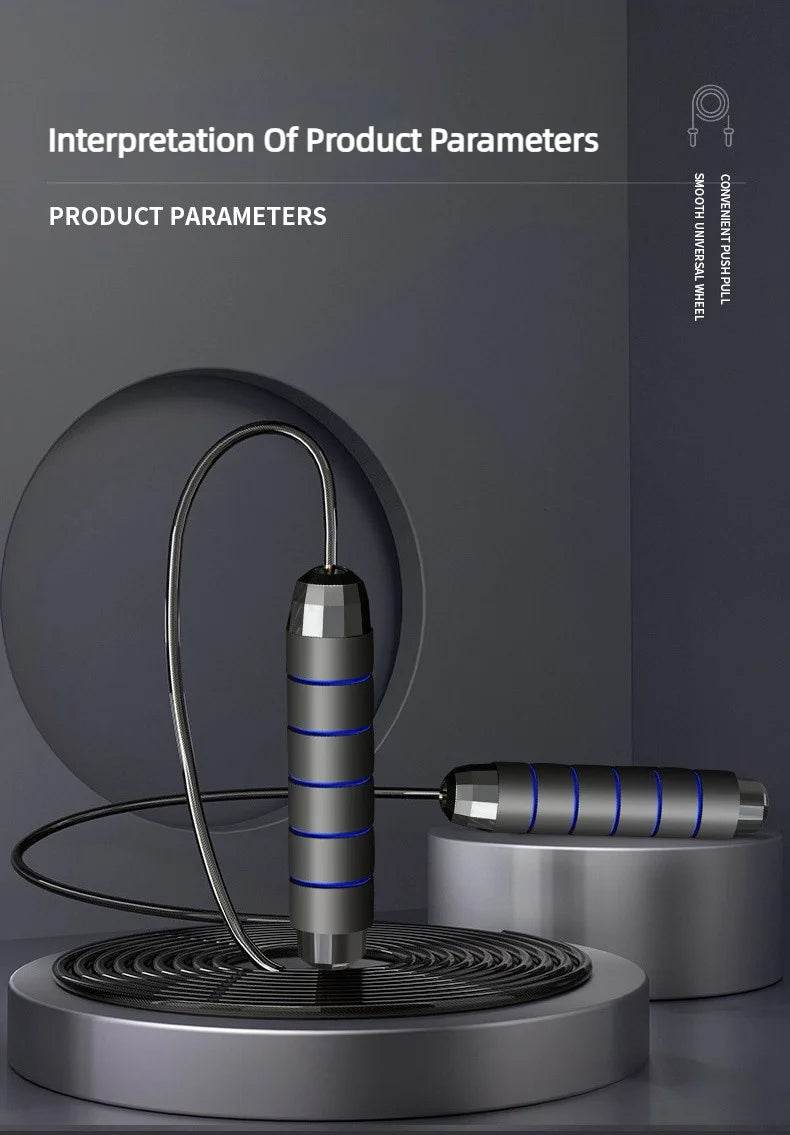 Fitzsi Essentials fitness workout jump rope on a display stand with ergonomic grip handles