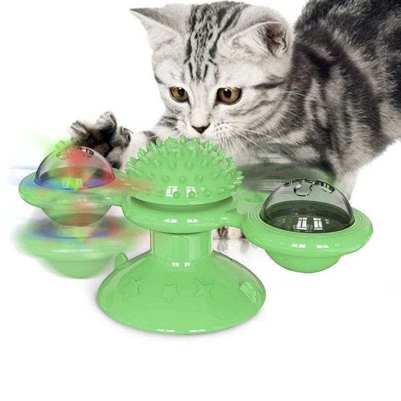 Interactive windmill cat toy with spinning balls and textured surfaces for playful cats