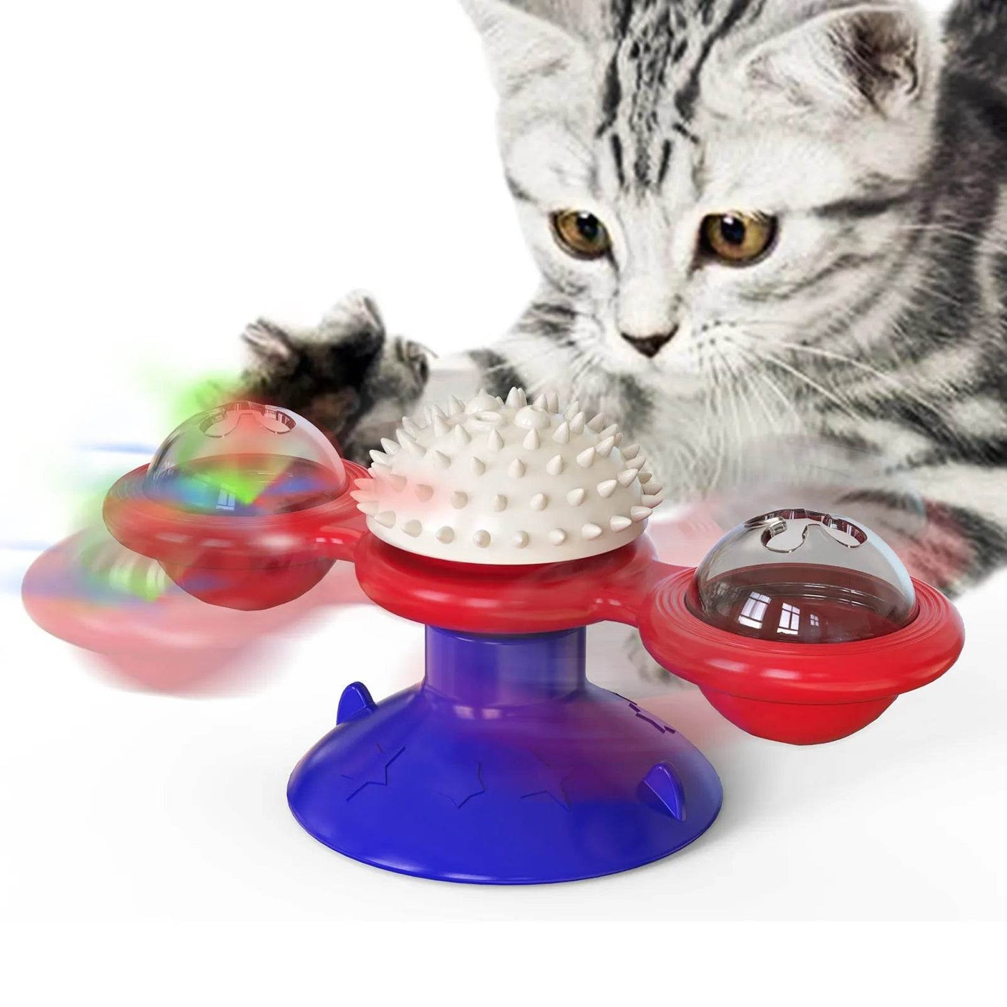 Interactive windmill cat toy designed to engage and entertain cats with spinning elements and textures