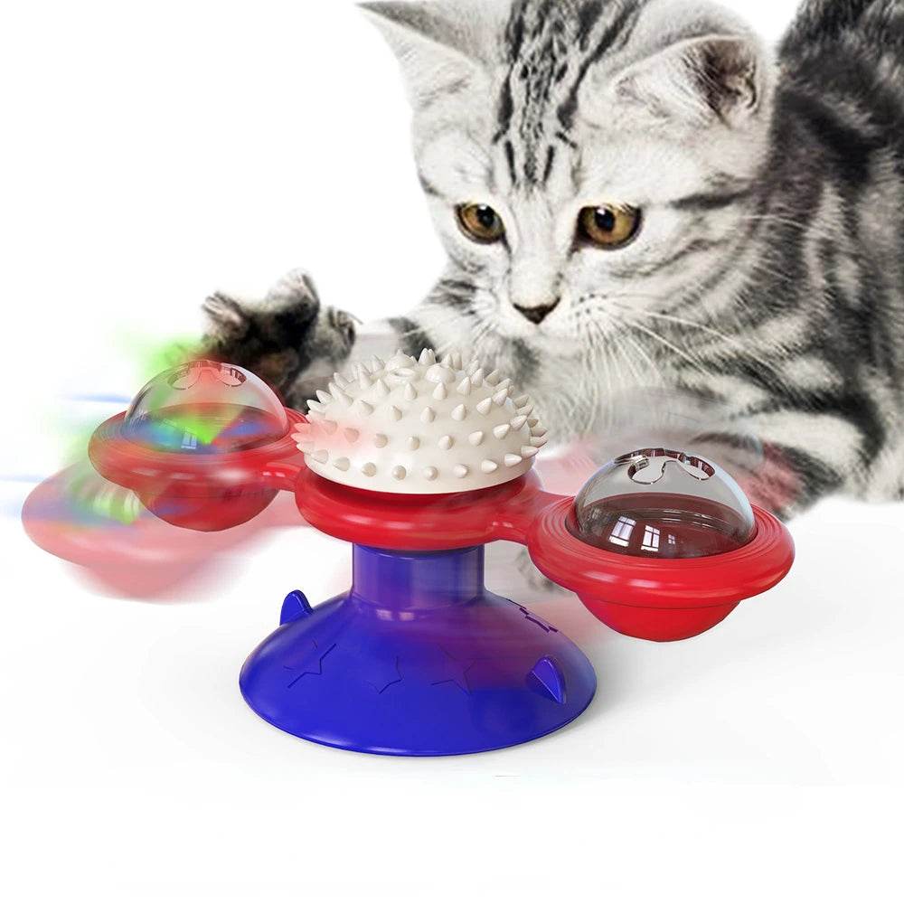 Interactive windmill cat toy with spinning elements and lights for playful cats