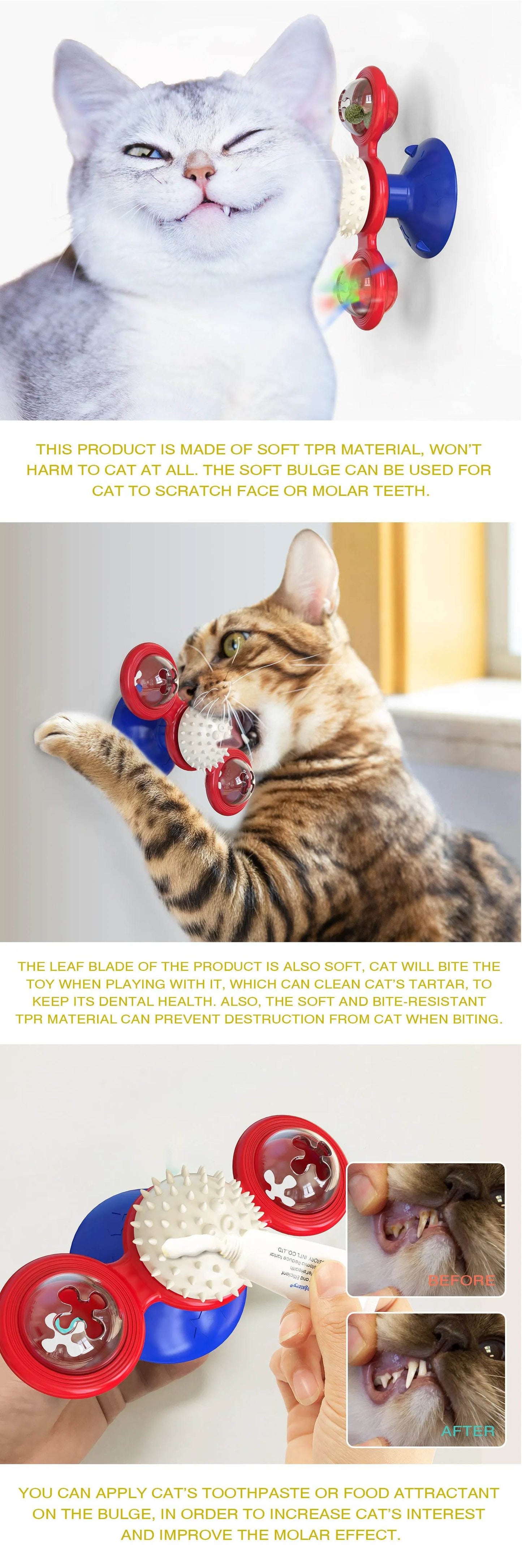 Interactive windmill cat toy designed for playful cats to scratch and engage their curiosity