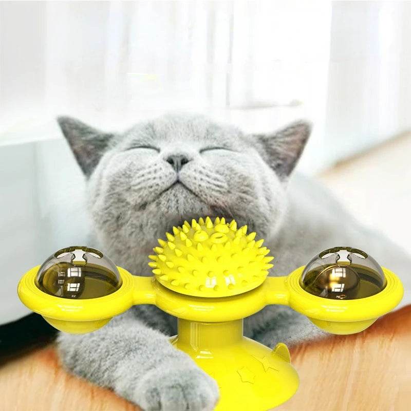 Interactive windmill cat toy in yellow with spiky balls for engaging playtime for cats