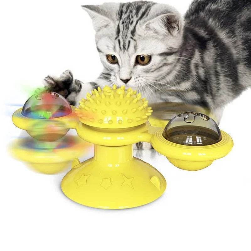 Interactive windmill cat toy in yellow with spinning elements and lights for playful cats