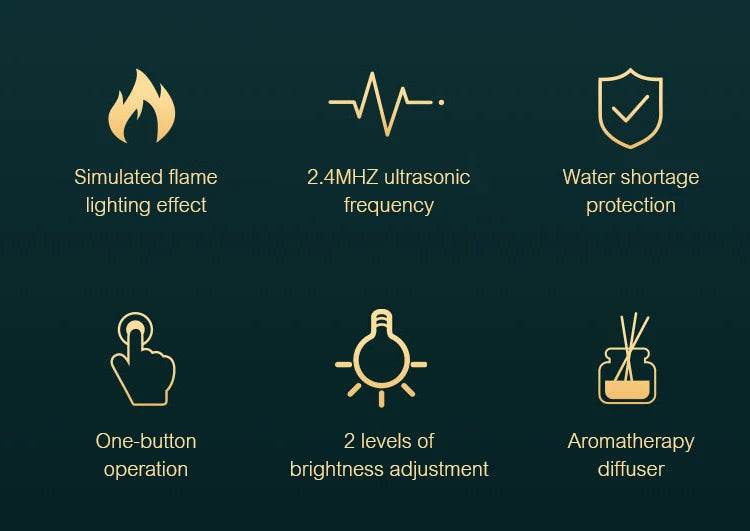 Features of Fitzsi Essentials cool mist humidifier including simulated flame effect and ultrasonic frequency