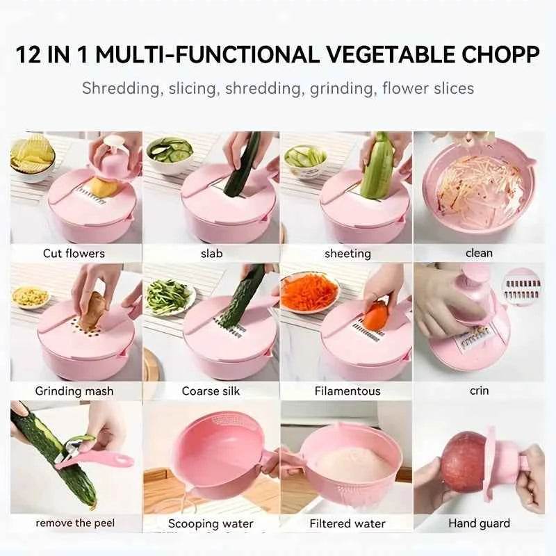12 in 1 Multi-Functional Vegetable Chopper by Fitzsi Essentials with various cutting and grinding options for easy food prep