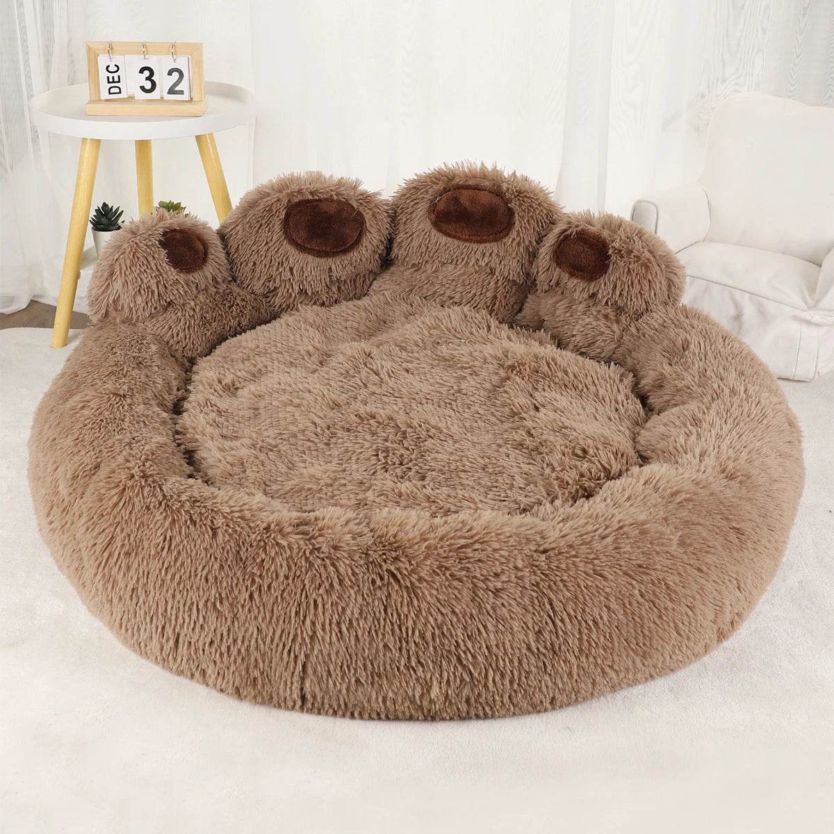 Large fluffy dog bed in soft brown fabric, designed for maximum comfort and relaxation for pets