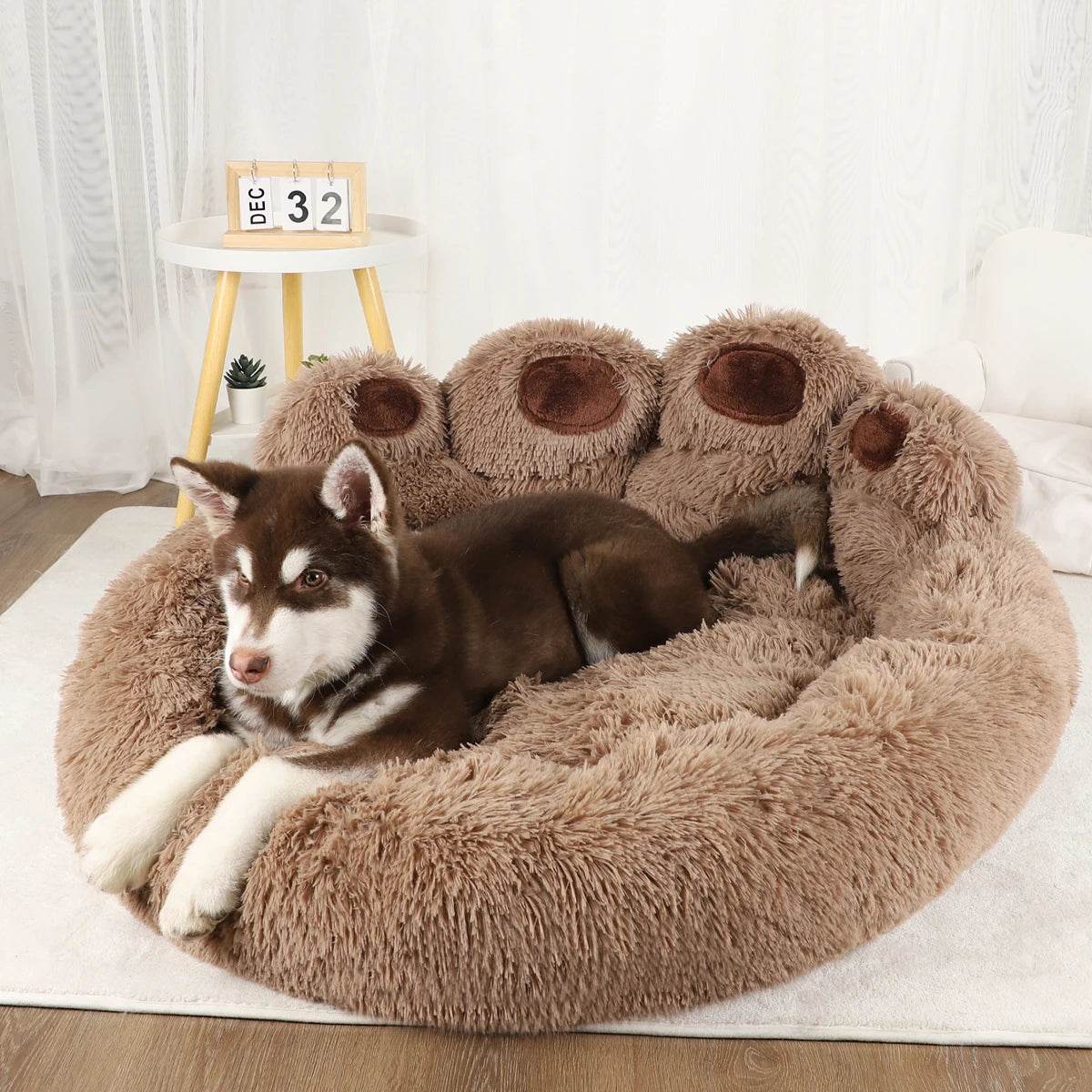 Large fluffy dog bed in brown with cozy design for ultimate comfort and relaxation for pets