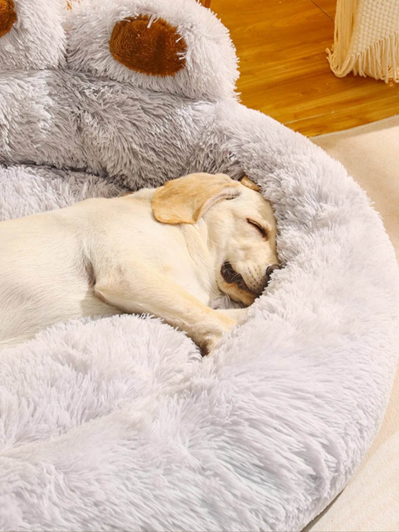 Large fluffy dog bed with soft, plush material for ultimate comfort and relaxation for pets