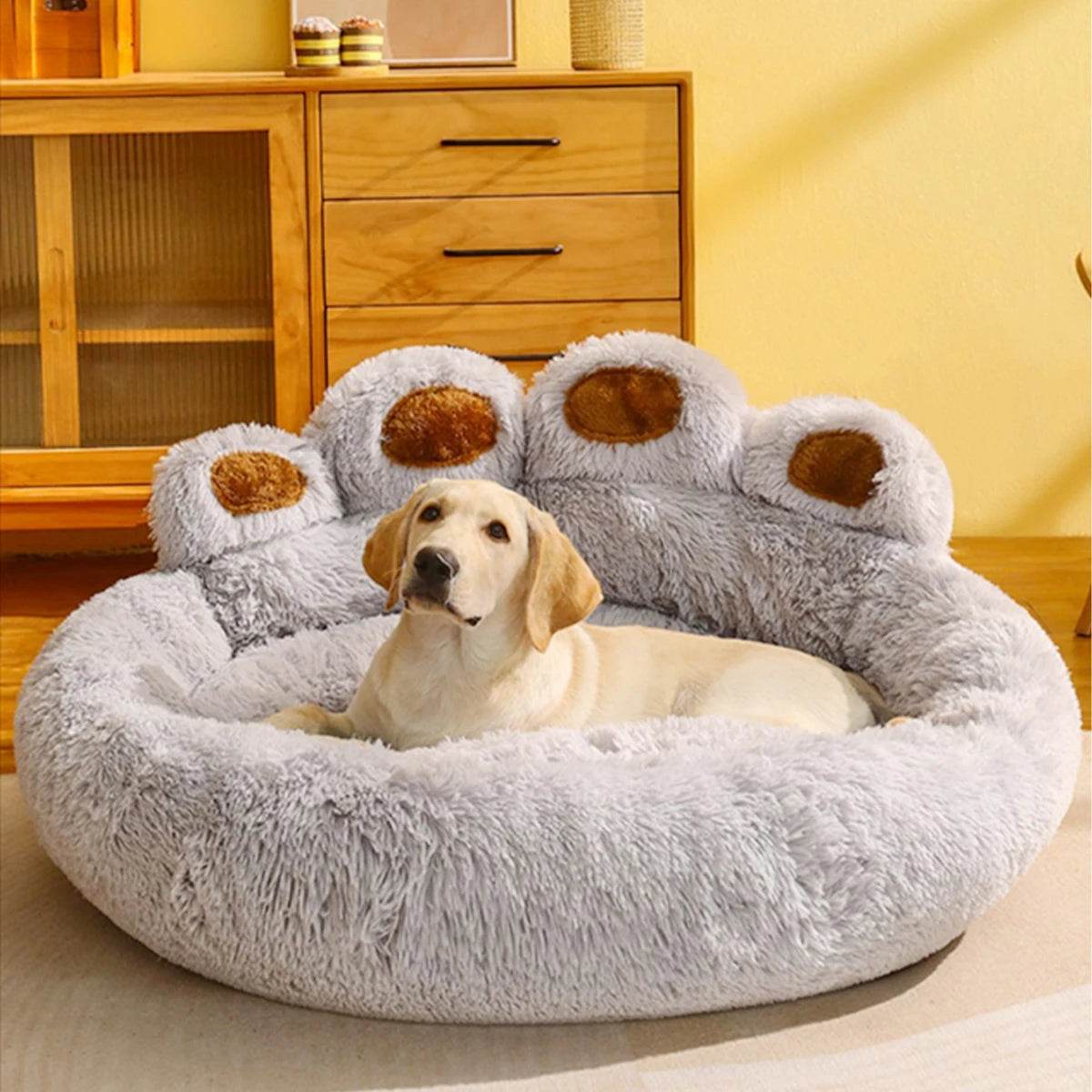 Cozy large fluffy dog bed designed for ultimate comfort with a cute paw print shape