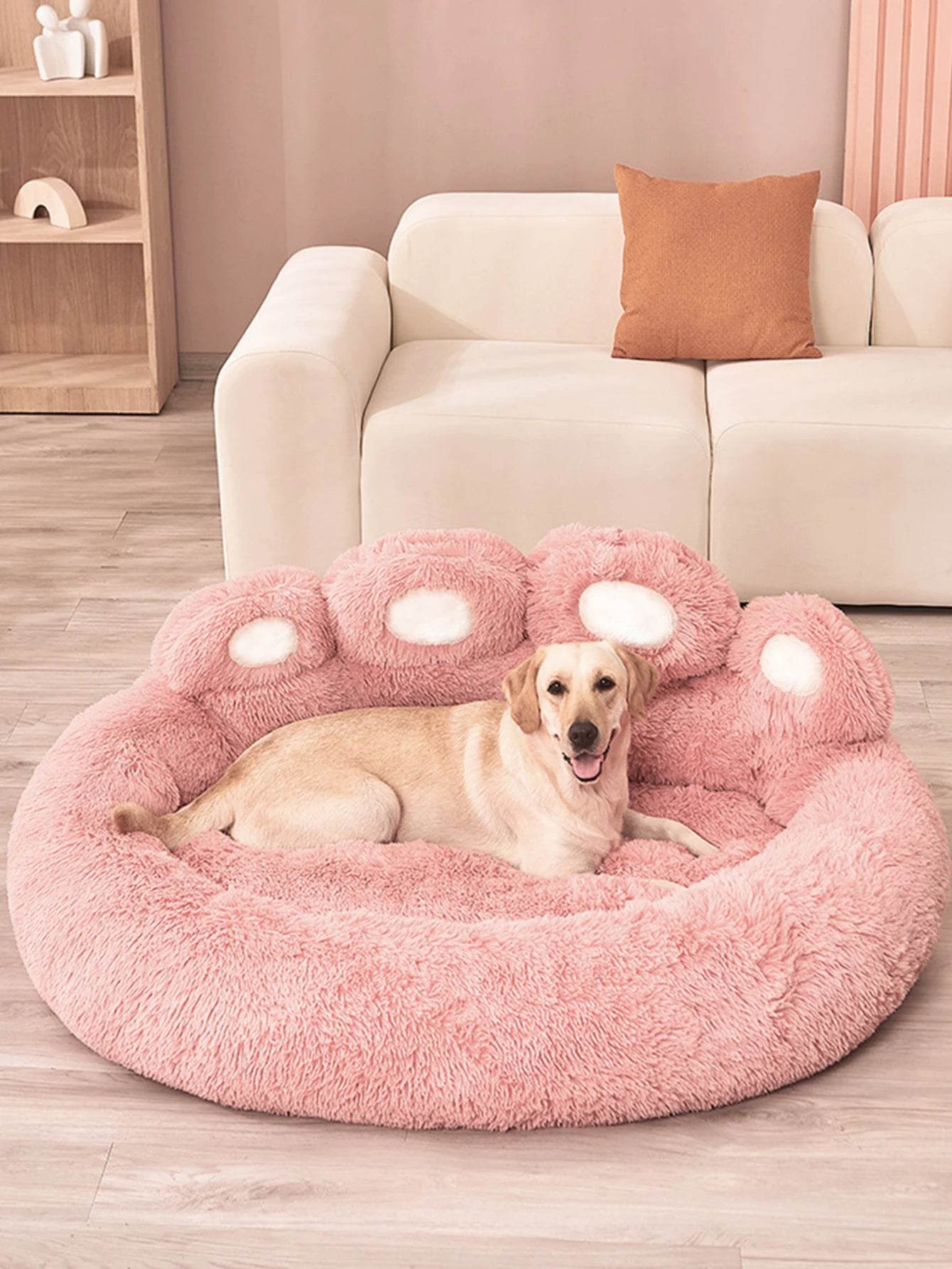 Large fluffy dog bed in pink with plush design, perfect for large dogs to relax and sleep comfortably