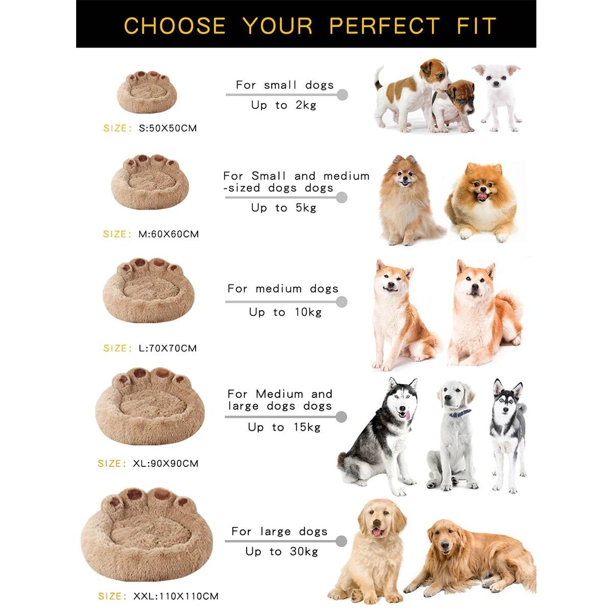 Size guide for Fitzsi Essentials large fluffy dog bed for various dog sizes and breeds