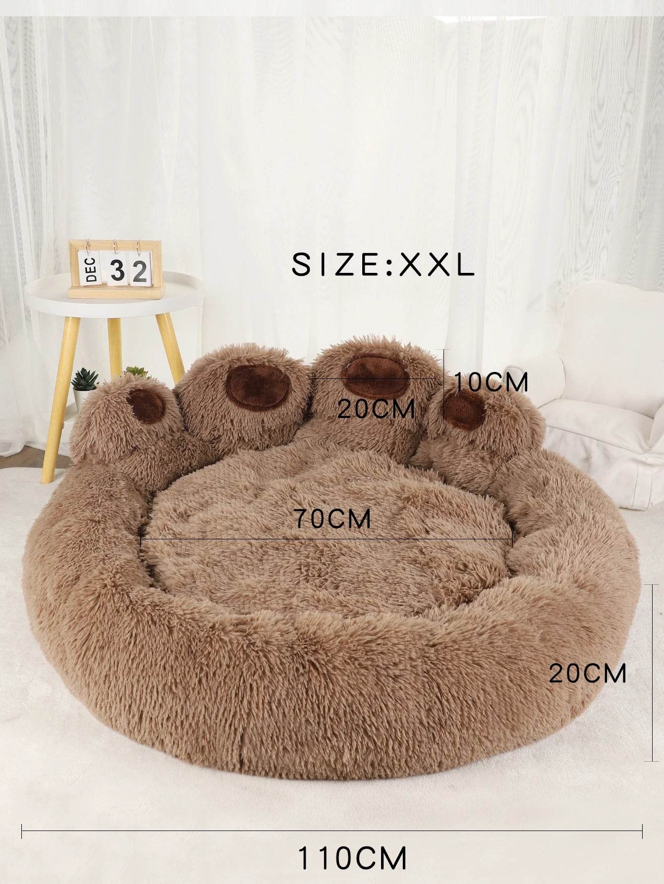 Large fluffy dog bed in round shape with soft fur for ultimate comfort and relaxation