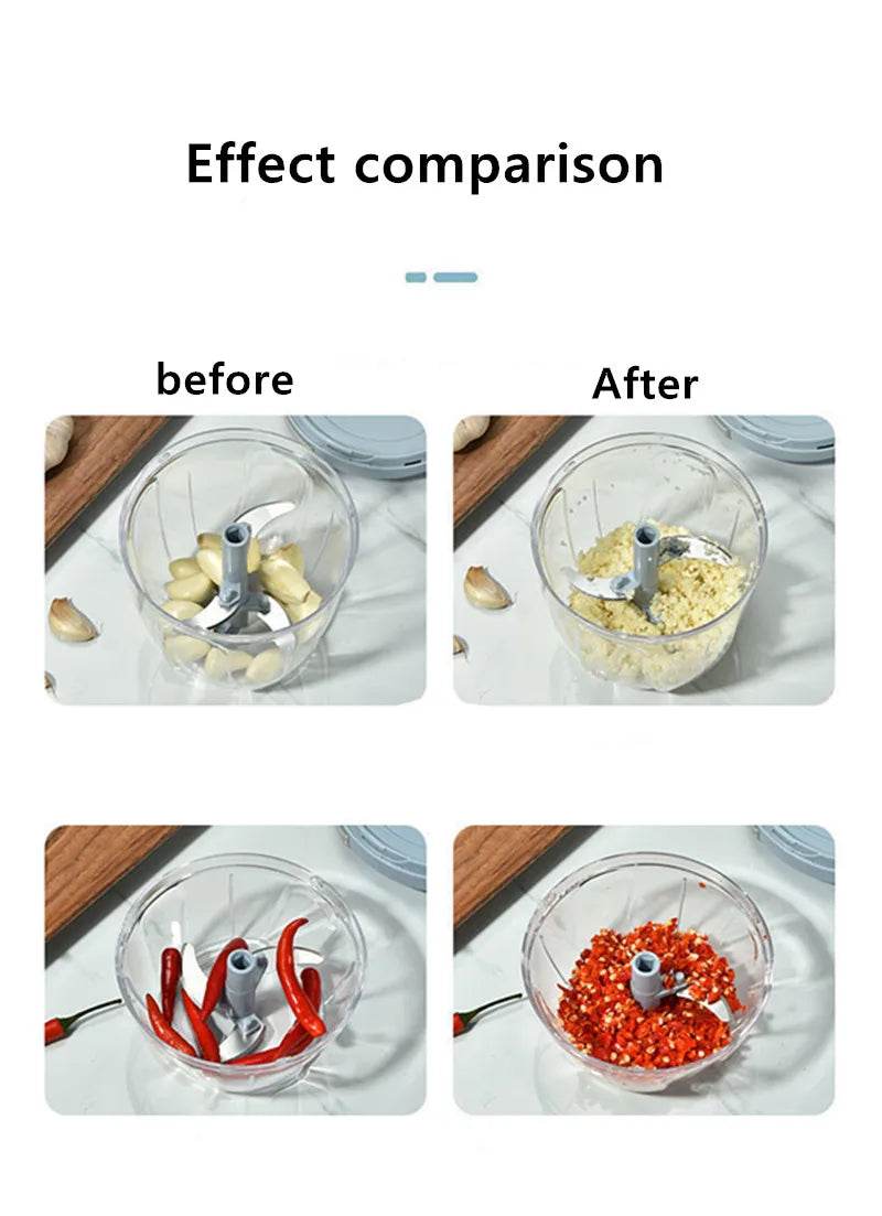 Fitzsi Essentials meat and garlic mincer shows before and after effect of minced garlic and chili peppers