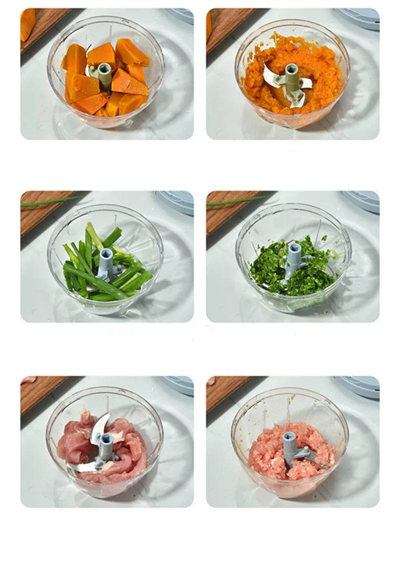 Fitzsi Essentials meat and garlic mincer showing various ingredients like vegetables and meat in preparation stages