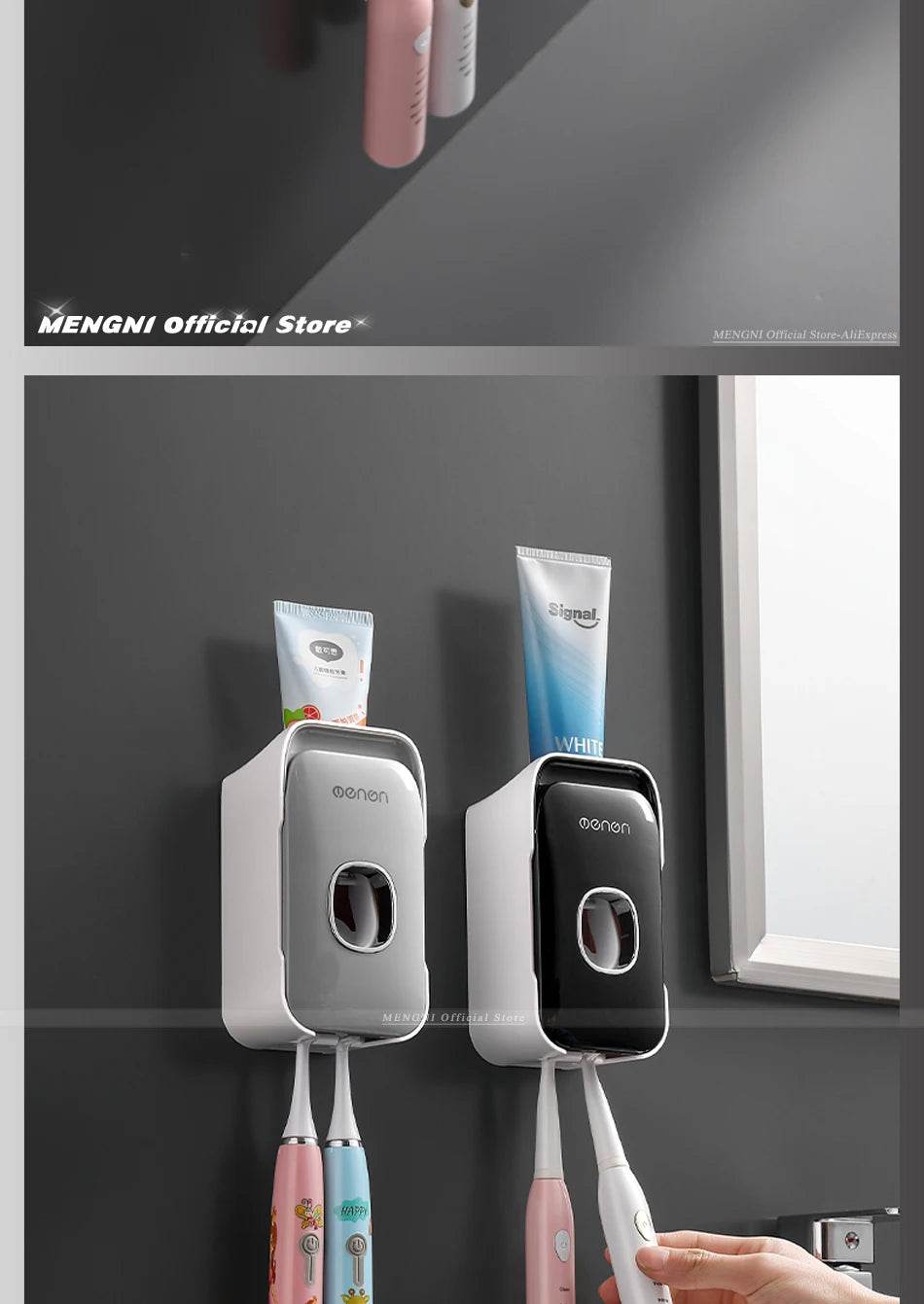 Fitzsi Essentials hands-free toothpaste dispenser mounted on a wall with two toothpaste tubes