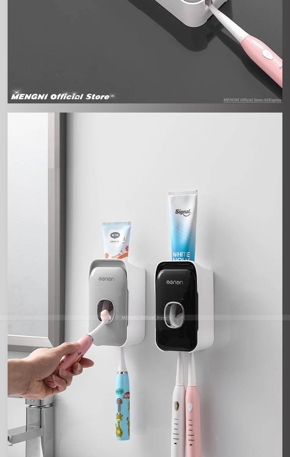 Fitzsi Essentials hands-free toothpaste dispenser mounted on a bathroom wall for easy access