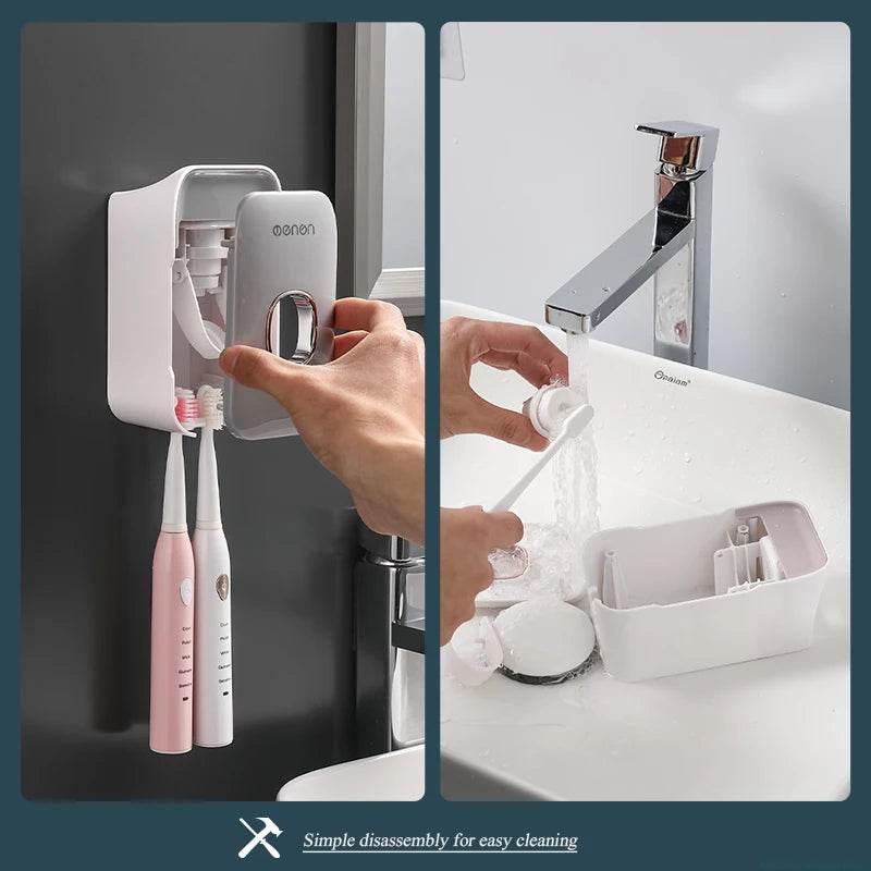 Fitzsi Essentials hands-free toothpaste dispenser mounted on a wall with two toothbrushes for easy cleaning