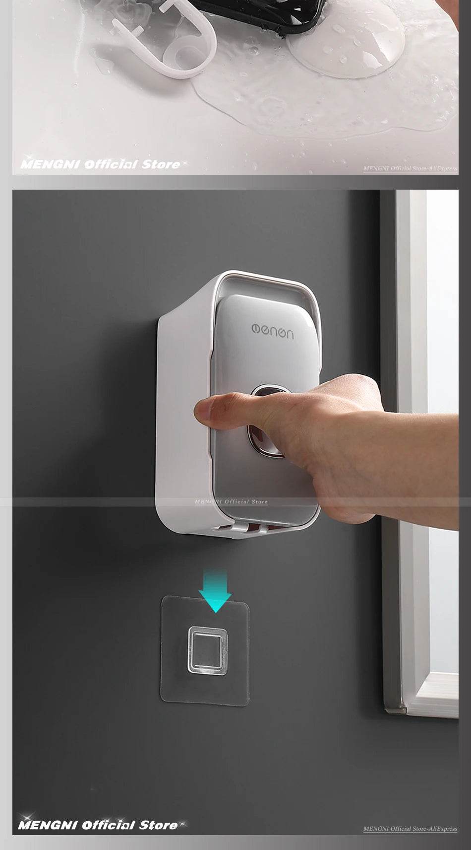 Fitzsi Essentials hands-free toothpaste dispenser mounted on a wall with a user pressing the button