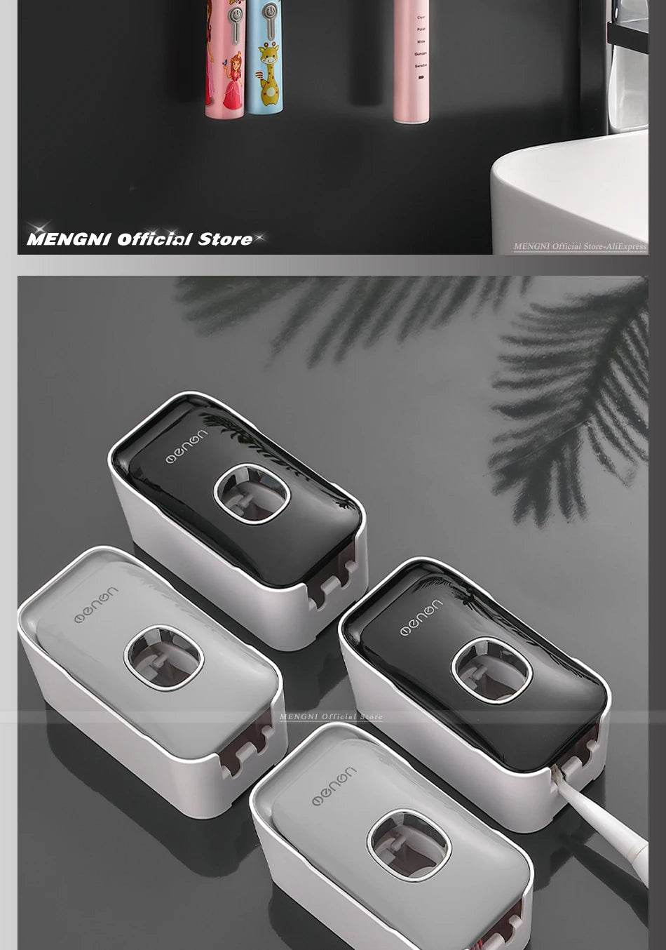 Fitzsi Essentials hands-free toothpaste dispenser in sleek black and white designs for easy brushing