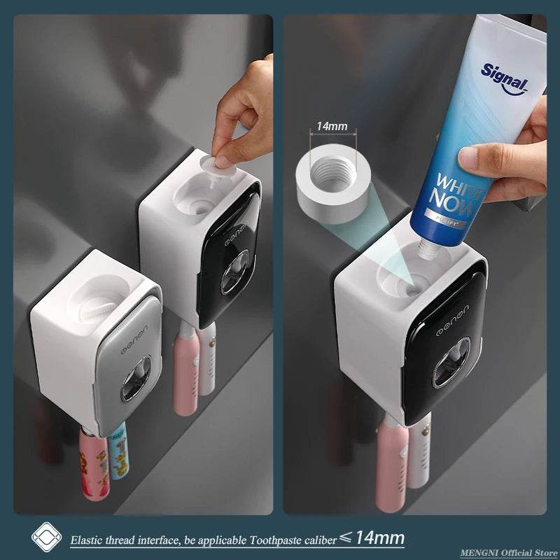Fitzsi Essentials hands-free toothpaste dispenser mounted on a wall for convenient and mess-free use