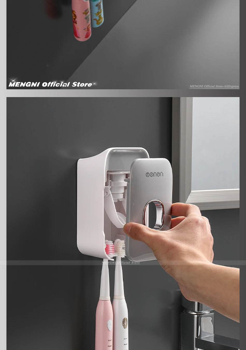 Fitzsi Essentials hands-free toothpaste dispenser mounted on a wall for convenient brushing