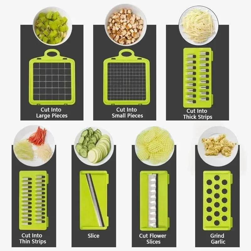 Fitzsi Essentials multifunctional vegetable chopper showcasing various cutting options for efficient food preparation