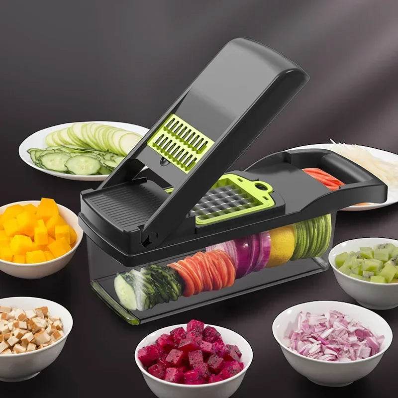 Fitzsi Essentials multifunctional vegetable chopper with multiple slicing options and fresh chopped vegetables