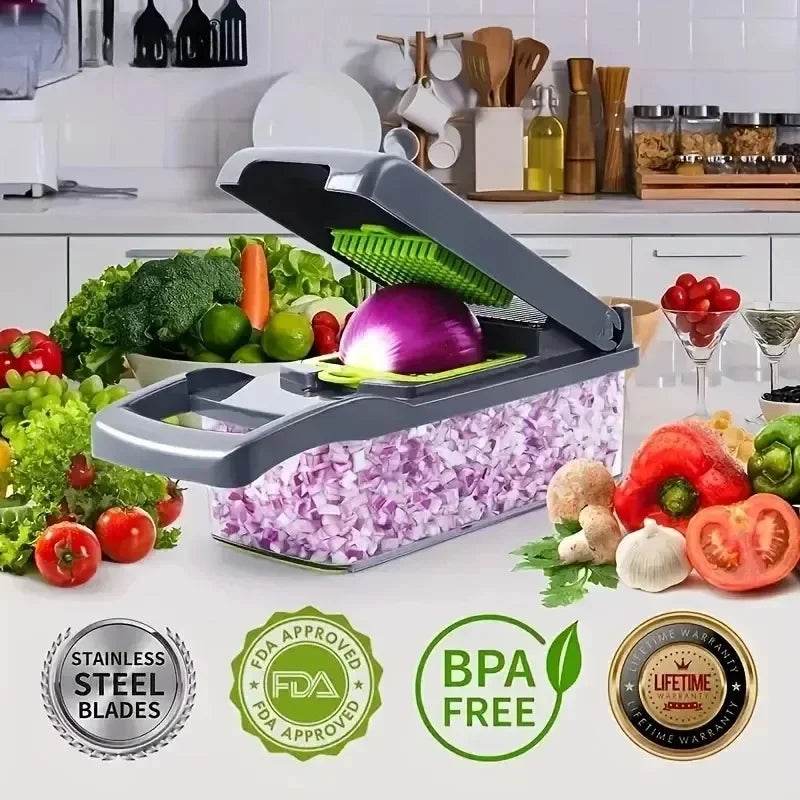 Fitzsi Essentials multifunctional vegetable chopper with stainless steel blades and BPA-free design in a kitchen setting