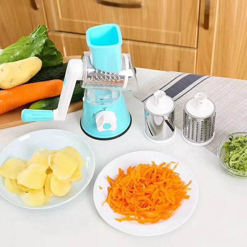 Fitzsi Essentials multifunctional vegetable slicer with various slicing attachments and fresh vegetables