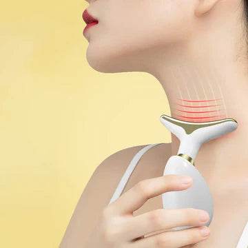Fitzsi Essentials portable face massager used on neck for soothing relaxation and skin rejuvenation
