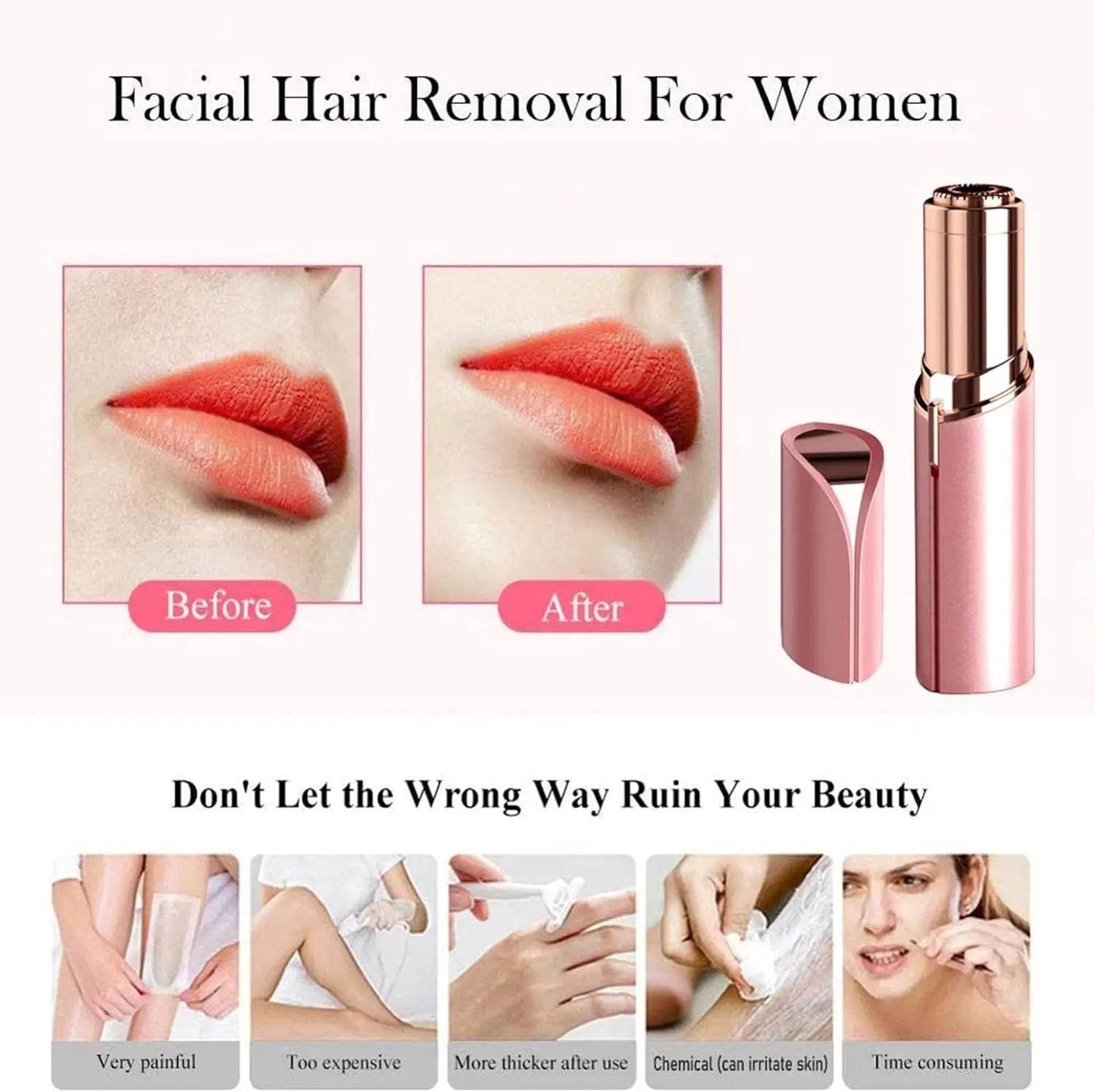 Fitzsi Essentials portable facial hair remover in pink, showing before and after results for facial hair removal